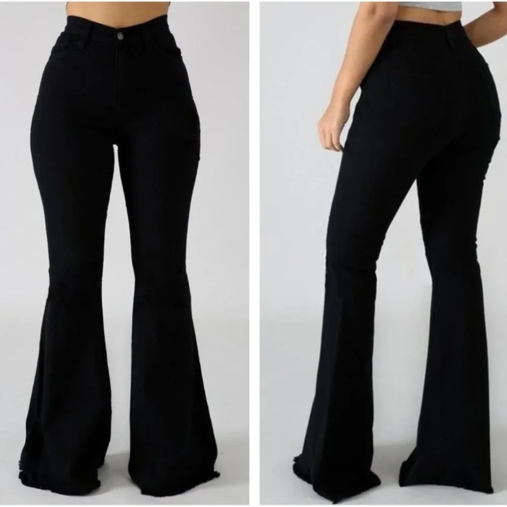 Flared leg jean Bell Bottom Frayed Curve Hugging Boho Festival Black New - Picture 1 of 11